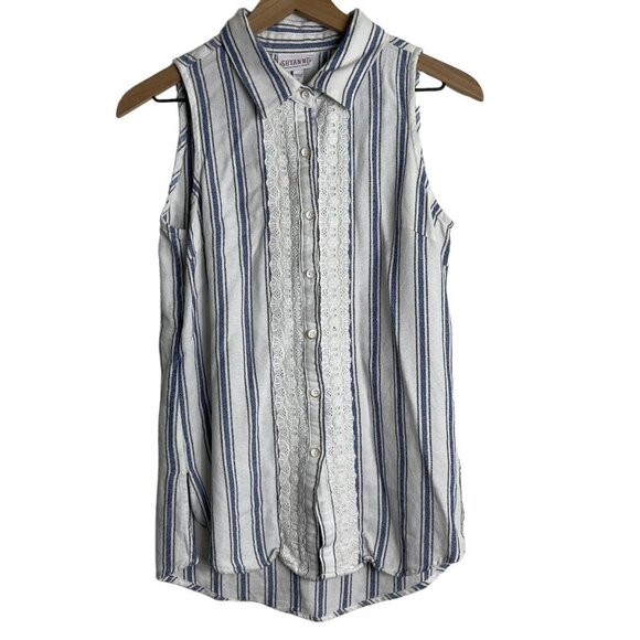 Shyanne Tops - Shyanne Women’s Sleeveless Blue Stripe Lace Collar Blouse Small